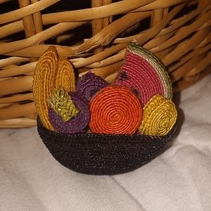 Vintage Hand Woven Fruit Basket Tropical Summer Food Brooch Pin Pandent